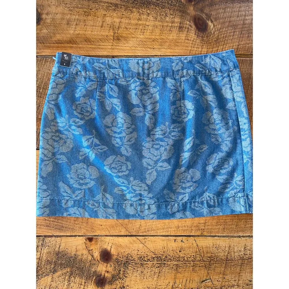 NWT‎ Womens Abercrombie & Fitch Denim Floral Shimmery Mini Skirt Size 6